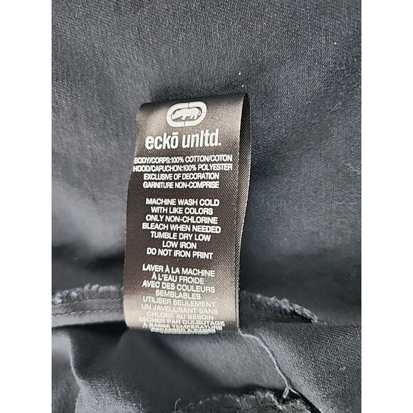 Ecko Unltd Denim Jacket Men's XL Black Button Up Camo Hood Grunge Rhino Y2K - Picture 7 of 16